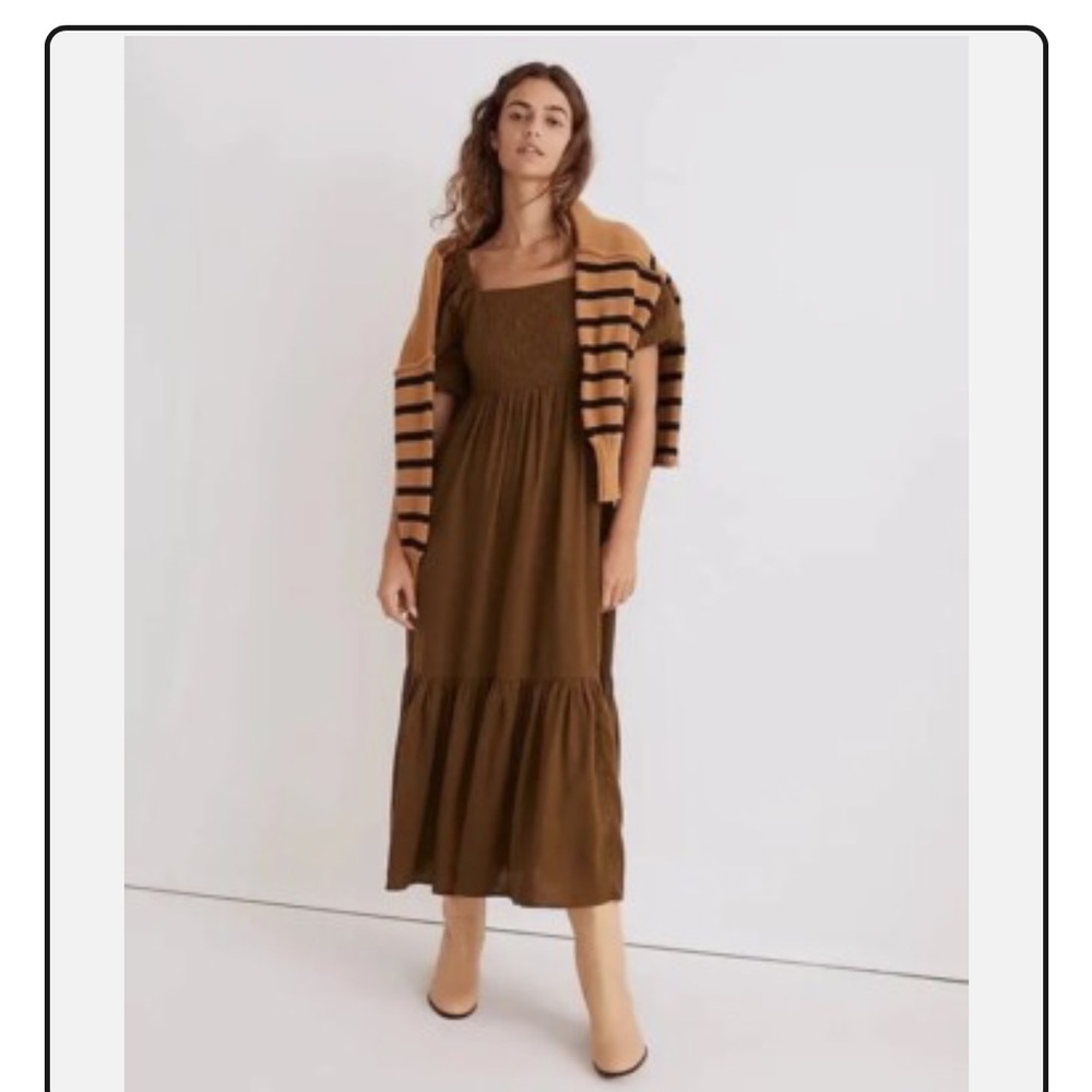Madewell Tiered Midi Dress Quilted Hemp Blend Olive Green Women's Size 0